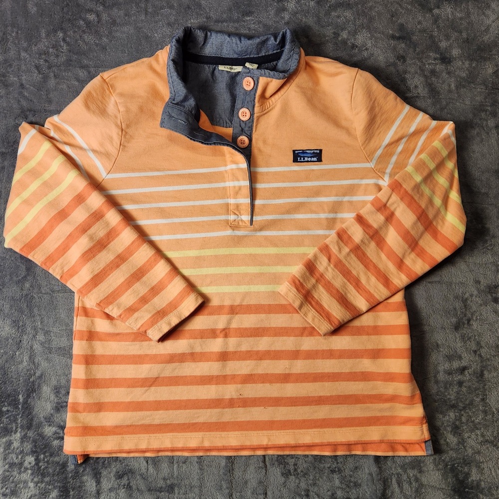 LL Bean Womens L Petite Sunset Striped Henley Pullover Sweatshirt Chambray Trim